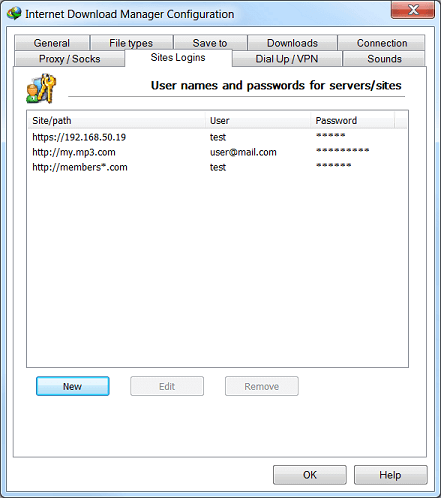 Internet Download Manager 'Options' dialog 'Site Logins' tab